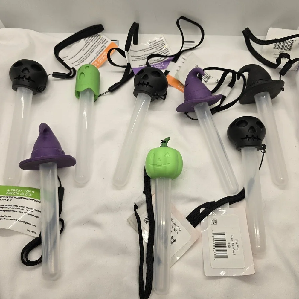 Lot Of 8 Halloween Pumpkin Led Mini Glow Stick With Wrist Strap, Assorted Colors